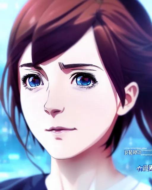 Image similar to Anime as Emma Watson playing Hermione Granger. Cute fine face. Pretty face. Cute smile. Realistic shaded. Perfect face. Fine details. Anime. Realistic shaded lighting. Ilya Kuvshinov. Katsuhiro Otomo. Ghost in the shell. Magali Villeneuve. artgerm. Jeremy Lipkin. Michael Garmash. Rob Rey,