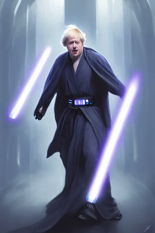 Image similar to Boris Johnson as a Jedi from Star Wars, blue light saber, realistic portrait, symmetrical, highly detailed, digital painting, artstation, concept art, smooth, sharp focus, illustration, cinematic lighting, art by artgerm and greg rutkowski and alphonse mucha