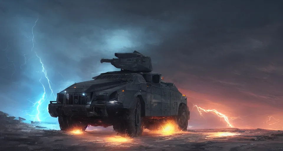 Prompt: an image of an armored vehicle in the night on a mountain with blue headlights on by Paul Chadeisson, atmospherical, heavy storm, lightnings, concept art, high detail, intimidating, cinematic, Artstation trending, octane render