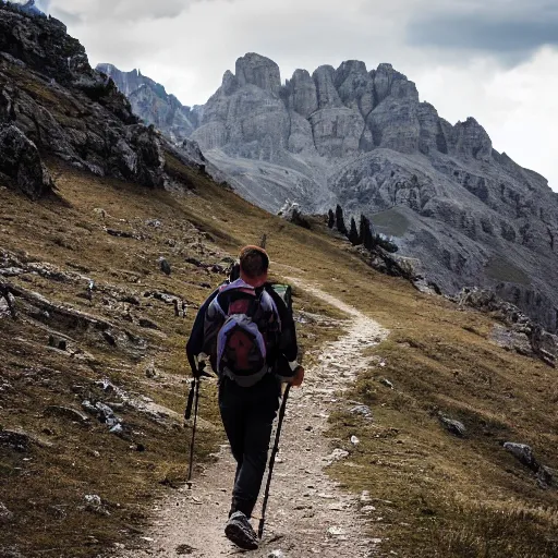 Image similar to a bearded young man hiking in the tyrolian mountains, south tyrol, hellscape, apocalypse