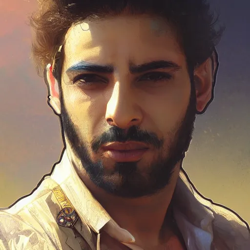 Image similar to portrait of kurdish singer adnan karim, highly detailed, digital painting, artstation, concept art, sharp focus, illustration, art by art germ and greg rutkowski and alphonse mucha