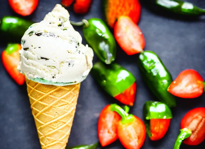 Prompt: dslr food photograph of ice cream cone with sliced jalapeno topping, 8 5 mm f 1. 8