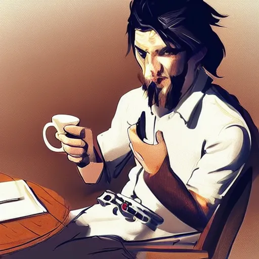 Image similar to startup CEO having a cup of tea. Handsome!!!!!!! sci-fi concept art photorealistic!!!!!