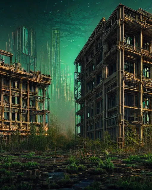 Image similar to a beautiful hyperdetailed rendering of nature abandoned swamp city unfinished building industrial architecture by louis sullivan, cosmic at dusk nightvision meadow dramatic lighting cyberpunk alien uv light flowers morning sun synthwave, archdaily, wallpaper, highly detailed, trending on artstation.