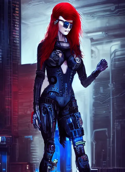 Prompt: a full body beautiful woman with red hair and blue eyes, wearing a cyberpunk outfit by hr giger, artgerm, sakimichan, weapons, electronics, high tech, cyber wear, latex dress, batwoman, bandage, concept art, fantasy, cyberpunk