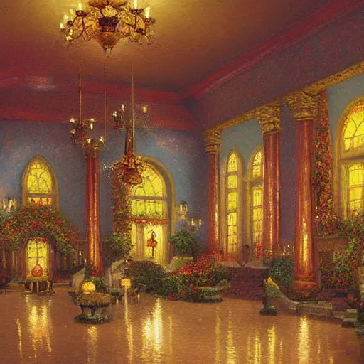 Prompt: banquet hall, painted by Thomas Kinkade