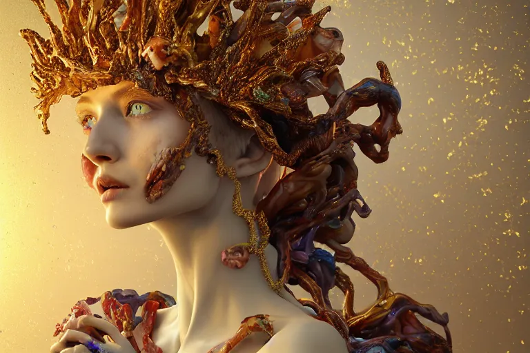 Image similar to Cinestill of A heartbreaking realistic 8k Bernini Sculpture of a stunning intricate cracked multicolored milky cosmic marble Evangelion Fallen Angel Devil Queen adorned in sentient mycelium mystical jewelry and ancient Empress crown and misty xparticles. by Yoshitaka Amano, Daytoner, Greg Tocchini, Scattered golden flakes, Hyperrealism. Subsurface scattering. Octane Render. Weirdcore, perfect face