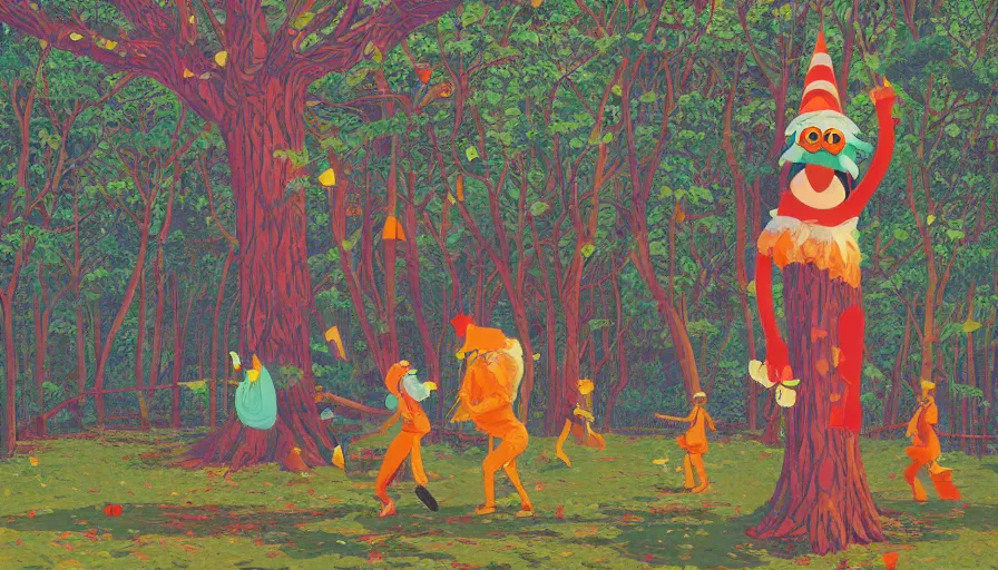 Image similar to safety cones scattered around an oak tree forest, man in muppet bigfoot sri lankan mask costume dancing in the distance dancing, by james jean by ilya kuvshinov kintsugi, hyper detailed surrealist painting