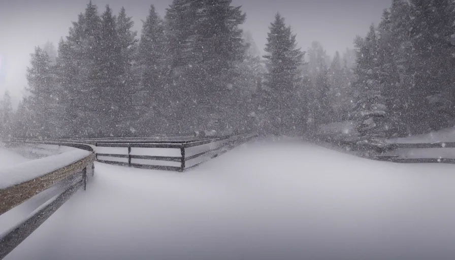 Prompt: wooden guardrails covered by snow in beautiful winter landscape. fog, snowstorm, photorealistic rendering, octane, depth of field, blurry