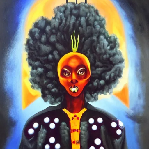 Prompt: afrofuturistic techno mage, dark fantasy, occult, high quality surrealist painting