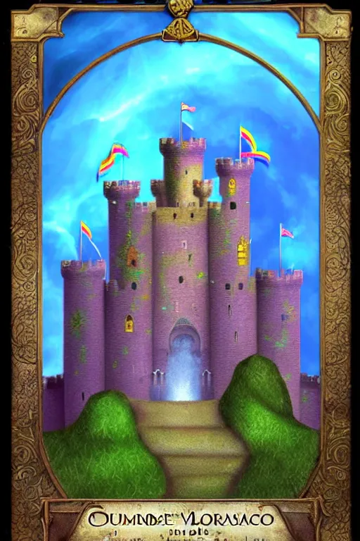 Image similar to dominion eurogame card showing a rainbow castle with a moat. fantasy deviantart