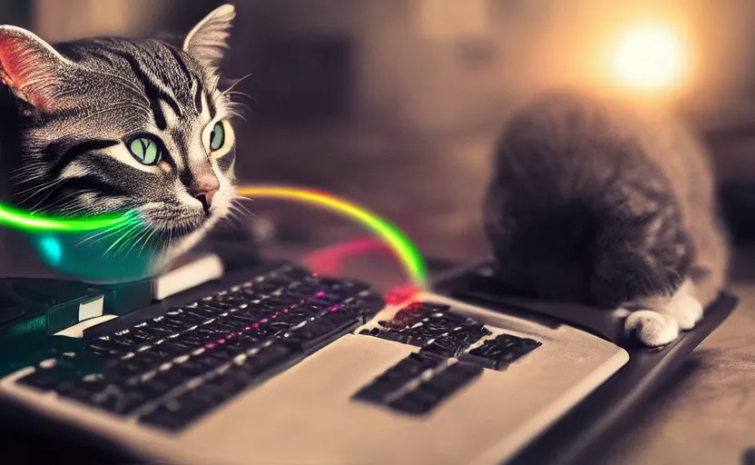 Image similar to a cat playing on a gaming computer, realistic, dark, rgb