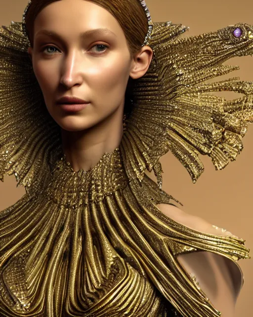 Image similar to a highly detailed metahuman 4 k close up render of an alien goddess bella hadid monument in iris van herpen armor schiaparelli in diamonds crystals swarovski and jewelry iridescent in style of alphonse mucha gustav klimt trending on artstation made in unreal engine 4