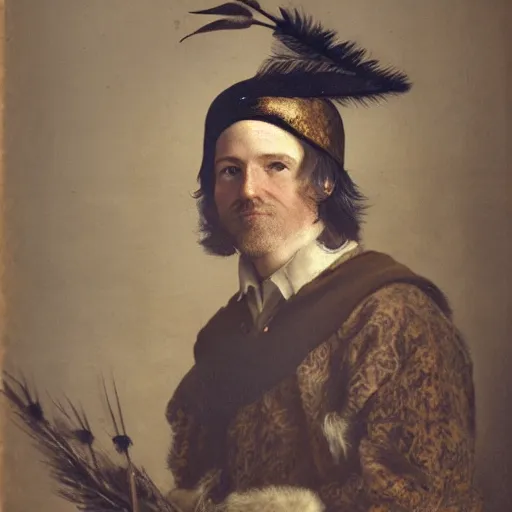 Prompt: a portrait of a Scottish laird, wearing a bonnet with a golden eagle feather.