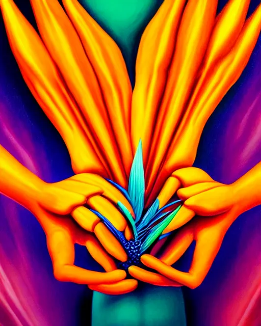 Image similar to neo-surreal high detail painting of human hands holding Birds of Paradise flowers robert steven connett dramatic orange light 8k high angle shallow depth of field