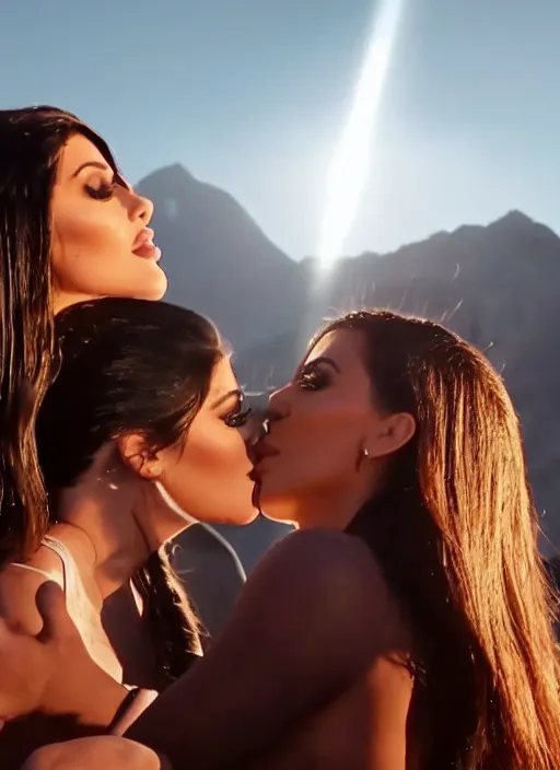 Image similar to film still of kylie Jenner making out with kim kardashian, scenic mountain backround, lens flare, cinematic