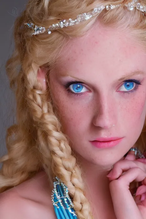 Image similar to close up headshot of a princess with long blonde hair and light blue eyes wearing a strapless elaborately beaded pink dress, high resolution film still, 8k, HDR color, film by Simon Langton and David Frankel, triangular face, very light freckles, round narrow chin, straight jawline, natural lips, high cheekbones, beautiful gazing eyes