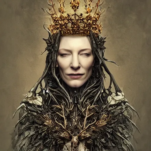 Prompt: an ominous haze, full-lenght cate blanchett with a golden skull instead of a head and a large crown shaped like the wings of a crow, she wears clothes made of bones and thorny branches through which smoke and flames go, intricate, elegant, highly detailed, digital painting, artstation, concept art, smooth, sharp focus, illustration, art by Katsuya Terada, Takato Yamamoto