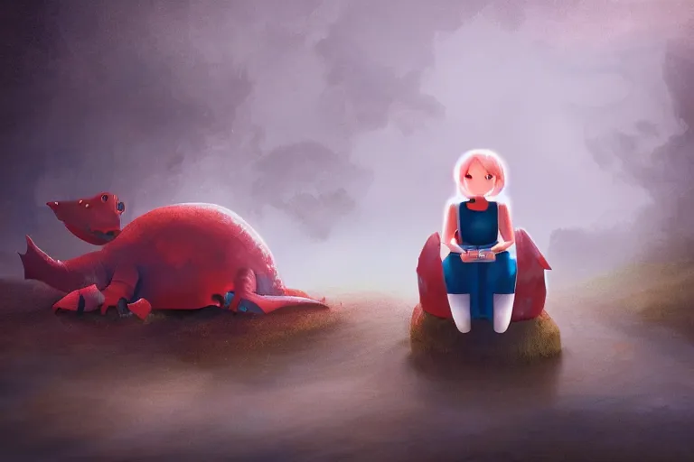 Image similar to a cute robot girl sitting on a dinosaur, misty, digital art, hazy, foggy, red lighting, ambient lighting, 8 k,