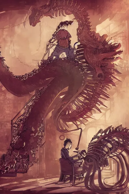 Image similar to anime style movie illustration, old sick gold and crimsoned scaled asian dragon on a steam punk couch with wires and gears and steam punk apparatus, artstation, matte painting, style of studio ghibli, featured in artstation and artgerm and pixiv, award winning, cinematic, elegant, intricate, 8 k