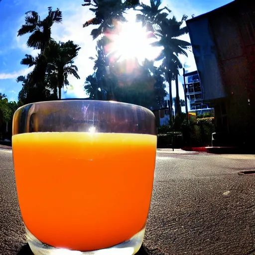 Prompt: a glass filled with orange juice dropped near the sidewalk, fisheye effect, sun ray