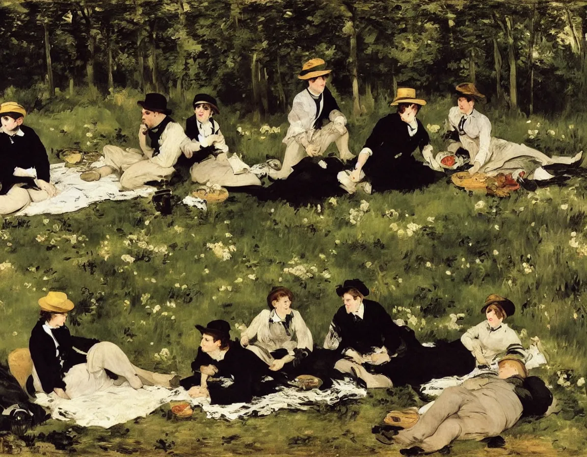 Image similar to edouard manet. very close up detailed depiction of people picknick on a blanket on a meadow in the woods. woman and men dressed in black. blanket, beer, music. one woman with three men. a very nice an afternoon with the. little river in background. dark forest. hyperrealistic.