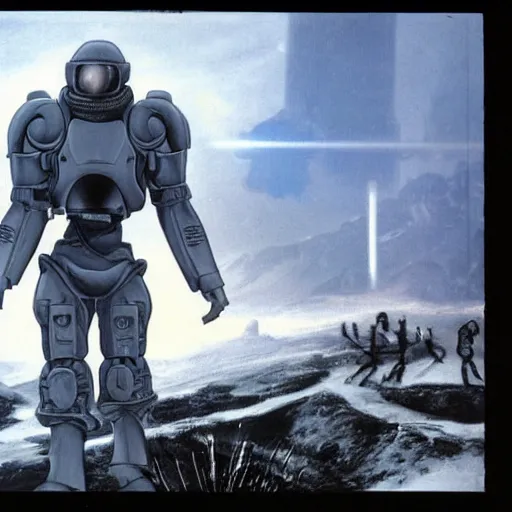 Image similar to photograph of an stern old man wearing futuristic gray heavy exosuit armor with navy blue detailing holding a white plastoid shield in his left hand and a blaster in his right hand. in the background there is a scifi battle taking place with trenches and force - field generator trucks and laser machineguns on a rolling green plains with snowcapped mountains in the distance. science fiction.