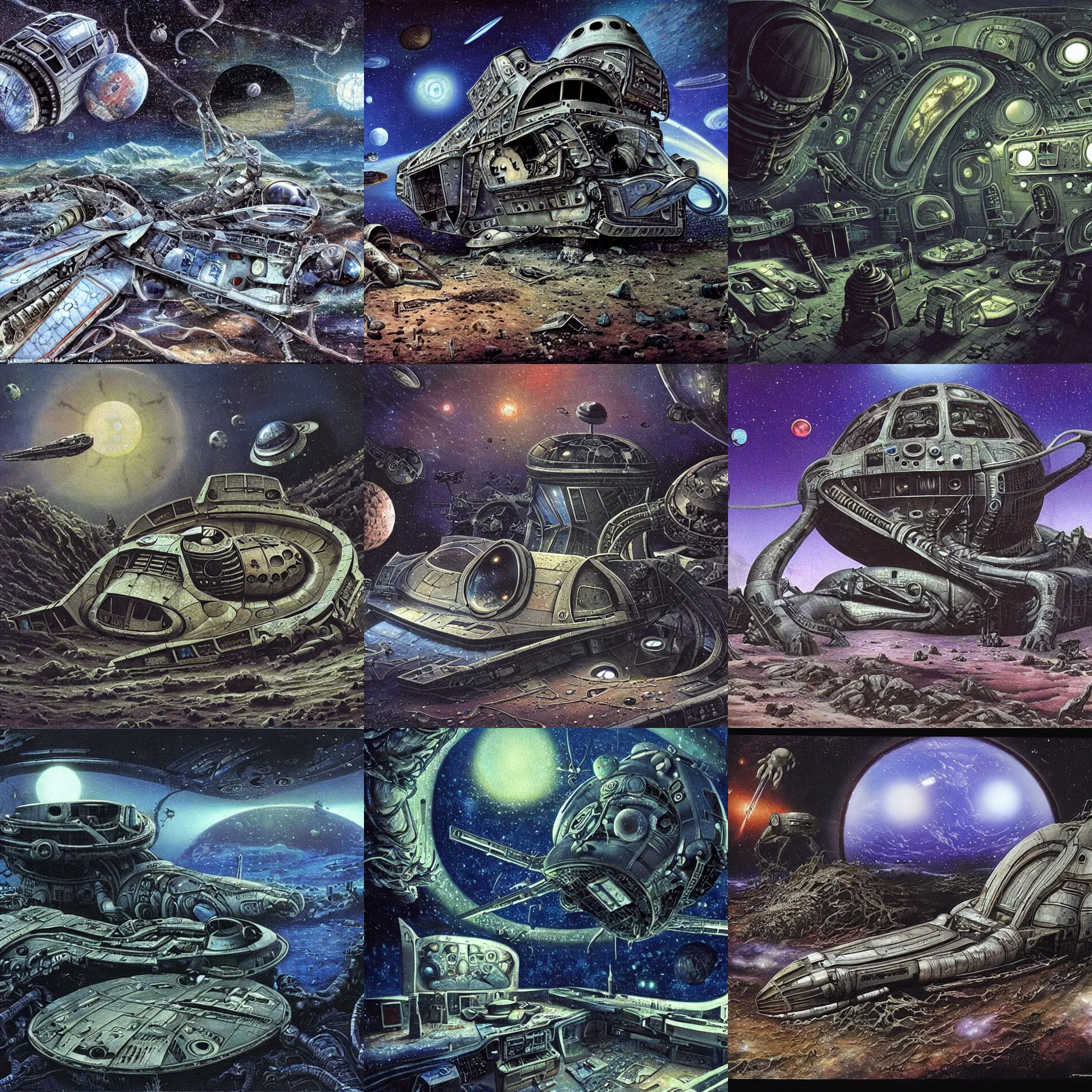 Prompt: a crashed spacecraft on a strange alien planet, from a space themed point and click 2 d graphic adventure game, set design by hg giger, art inspired by thomas kinkade