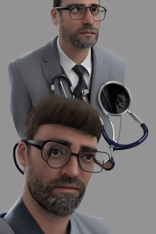 Prompt: a tired male doctor portrait, broken spectacles, stethoscope, baggy eyes, artstation trending, 8k, 4k, 2k, hd, close mid-shot