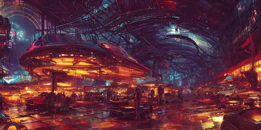 Prompt: screenshot of a vibrant night marketplace in a massive cavernous iron city, neon lights, colossal arcing metal structures high in the cavernous metal interior, sci - fi, beautiful, awe inspiring, fps, by james gurney, greg rutkowski, sparth, thomas kinkaide, cinematography, cinematic masterpiece