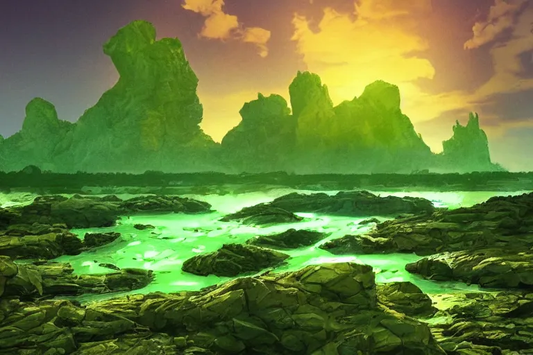 Image similar to glowing green rocks, toxic sludge, like where the hulk would live, landscape, comic book art style