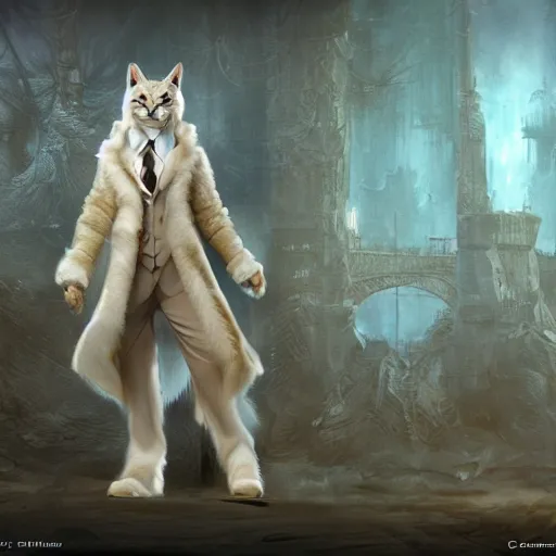 Image similar to white anthropomorphic lynx cat full body by Craig Mullins and Noriyoshi Ohrai, furry art, steampunk fantasy style, 4k, trending on artstation