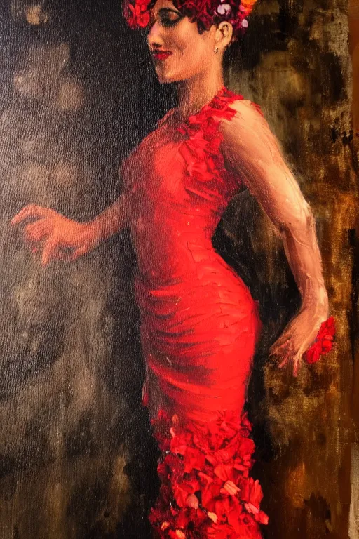 Prompt: vintage detailed oil painting of spanish flamenco dancer in mallorca wearing a red dress made of flowers, dimly lit by candles on the ground, looking away, her head is vapor, dark shadows, photo realistic, extreme detail skin, no filter, slr, 4 k, high definition