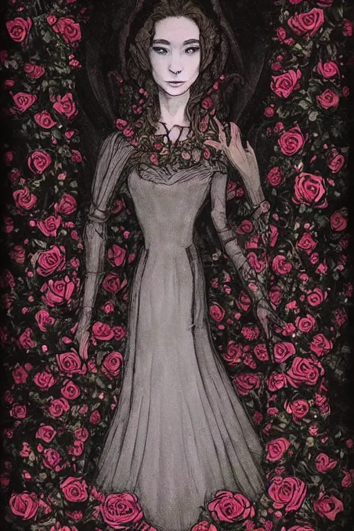 Prompt: elegant fairytale tower covered in roses, full body portrait of medieval princess, cottagecore, nostalgia of a fairytale, Exquisite, dramatic lighting, black paper, muted colors and gradients, by Jeff Jones, Jeffrey Jones, Jeffrey Catherine Jones