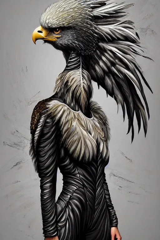 Prompt: epic professional digital art of female human - eagle hybrid animal wearing air force jumpsuit, facing right, humanoid feathered head, eagle beak, painting, by lisa roet, artgerm, iris van herpen, artstation, cgsocietywlop, epic, much wow, much detail, gorgeous, detailed, cinematic, masterpiece