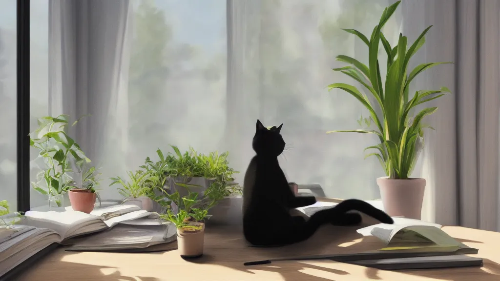 Prompt: peaceful dreamy painting of a sitting at a desk with a black cat, sunshine coming through the window, small plants on the window sill, 8k, hyper realism, trending on artstation, octane render