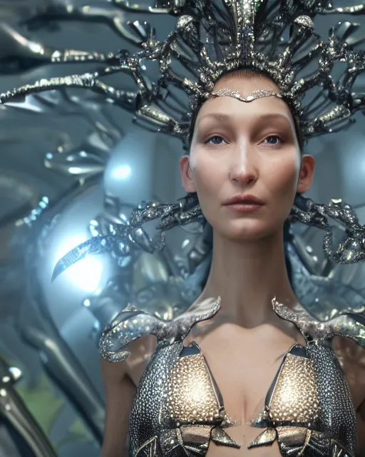 Image similar to a highly detailed metahuman 4 k close up render of an alien goddess bella hadid as alien in iris van herpen dress schiaparelli in diamonds crystals swarovski and jewelry iridescent in style of alphonse mucha gustav klimt trending on artstation made in unreal engine 4