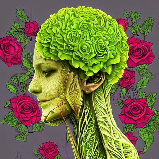 Prompt: the anatomy of a head of lettuce with roses that resemble a beautiful young wise woman, an ultrafine detailed illustration by james jean, intricate linework, bright colors, final fantasy, behance contest winner, vanitas, angular, altermodern, unreal engine 5 highly rendered, global illumination, radiant light, detailed and intricate environment