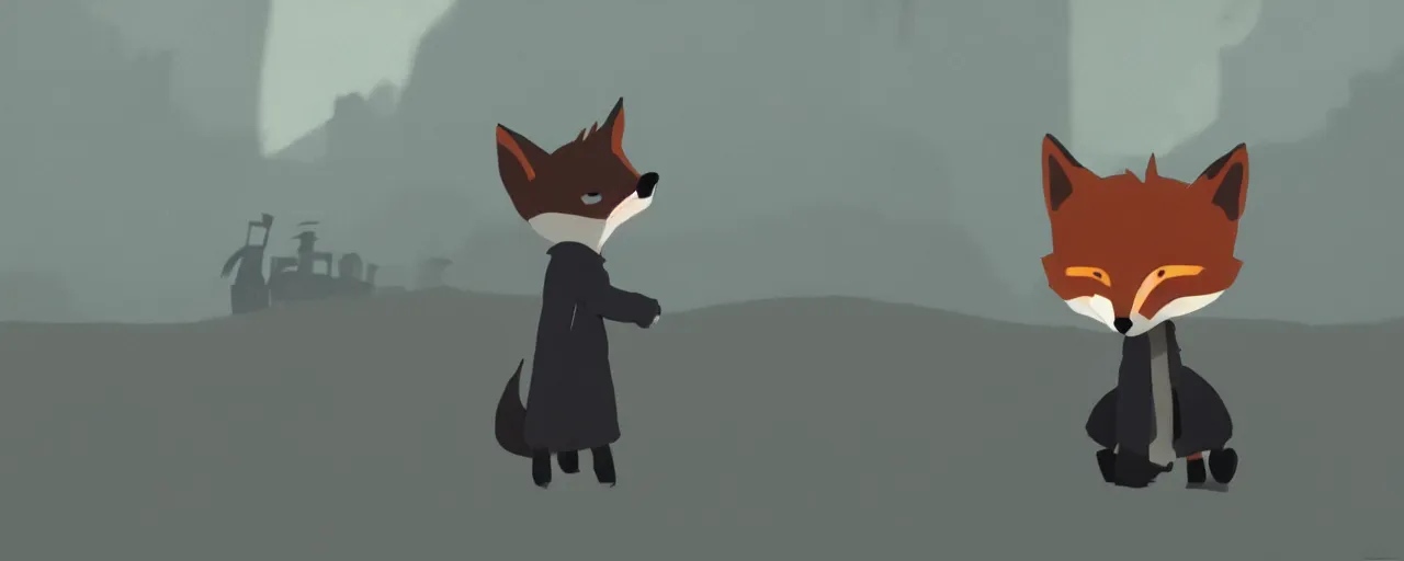 Image similar to a fox wearing a black trench - coat, goro fujita, studio ghibli, rim light, ominous lighting, clear focus, very coherent,