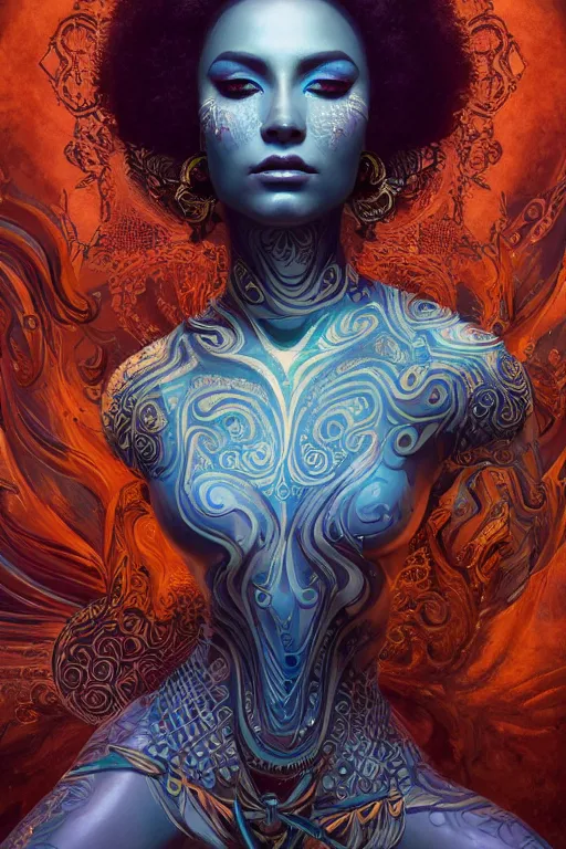 Prompt: a centered full body render of an alluring mystical goddess with tribal paintings surrounded by a underwater ink pour and flowing liquid galium and sacred geometry, perfect face, powerful, cinematic, beautifully lit, by artgerm, by karol bak, by viktoria gavrilenko, 3 d, trending on artstation, octane render, 8 k
