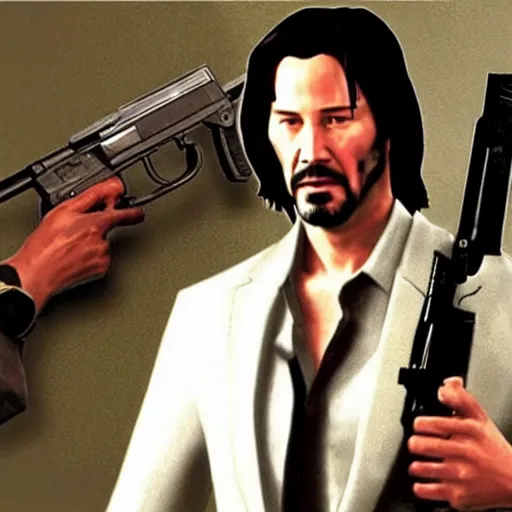 Prompt: Keanu Reeves holding an AK-47, GTA San Andreas Loading screen