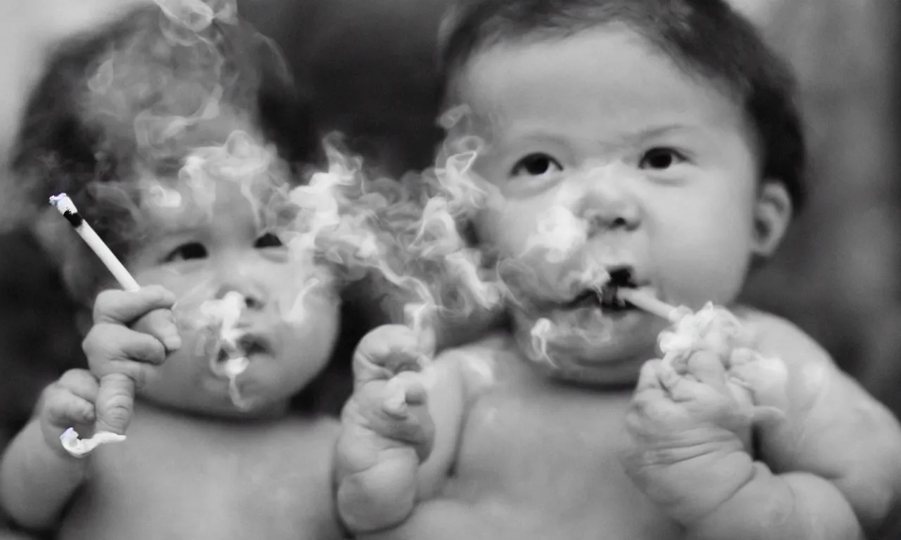 Image similar to a photograph of a baby smoking a crack pipe