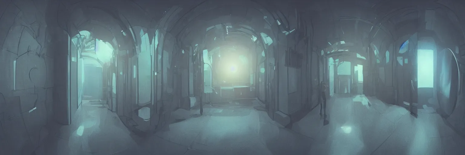 Image similar to dimly lit, theatre access corridor background, 3 doors, fish eye, rendered by Beeple, by Makoto Shinkai, flat style