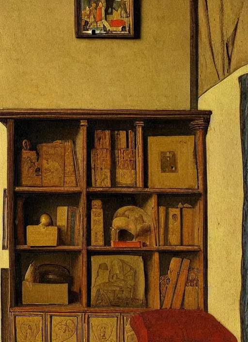 Image similar to bookshelves and drawing materials, paints, brushes, medieval painting by jan van eyck, johannes vermeer, florence