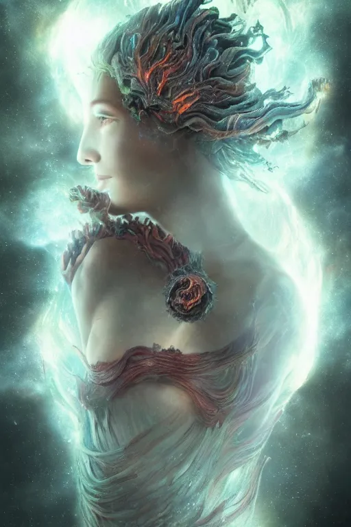 Prompt: mysterious detailed cgi matte painting tanned female space empress of the andromeda, by ellen jewett, alessio albi | symmetrical features, ominous, kawaii, photorealism, stunning, ornate, royally decorated, organic, growth, whirling gasses, glowing particles, refractive adornments, colorful torn nebulas, radiant vibrant colors