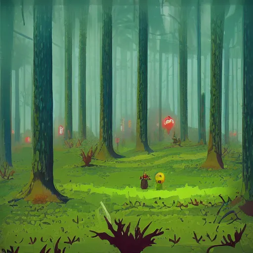 Image similar to “inside the Kokiri Forest from LOZ: OOT digital art in the style of Simon Stålenhag. Trending on artstation”