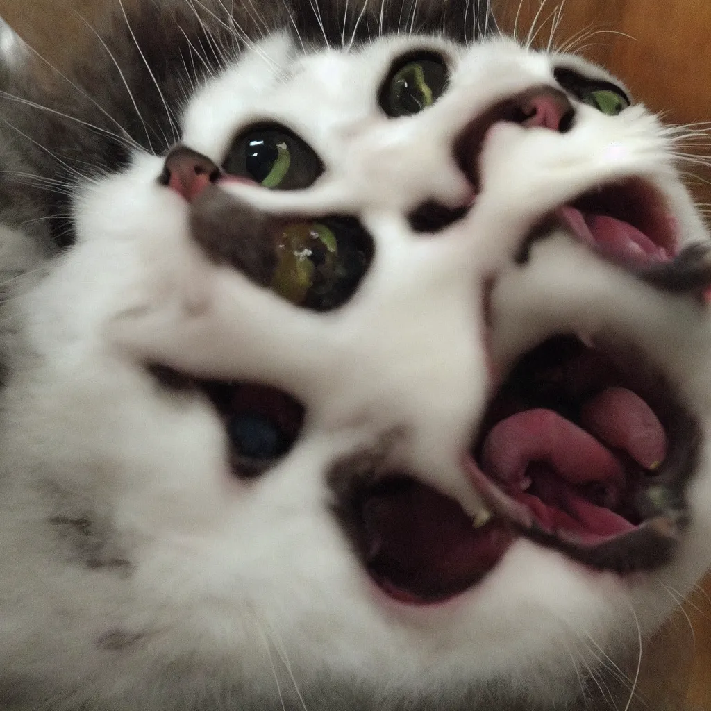 Prompt: horrifying cat, fangs