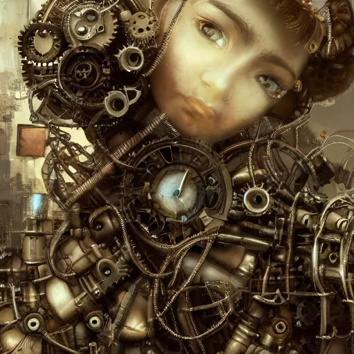 Prompt: portrait of a mechanical fairy with fairy wings, gears, wires and cables, detailed, 4k, in the style of Craig Mullins and James Gurney