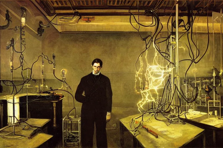 Image similar to Nikola Tesla in his science electric laboratory, with arms open between two tesla coils working, ultra detailed painting, wide angle lens, painted by Gustave Courbet