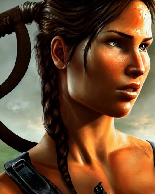 Prompt: portrait of lara croft, focus on her neck, looks thirsty, sweat and heat, muscular sweat